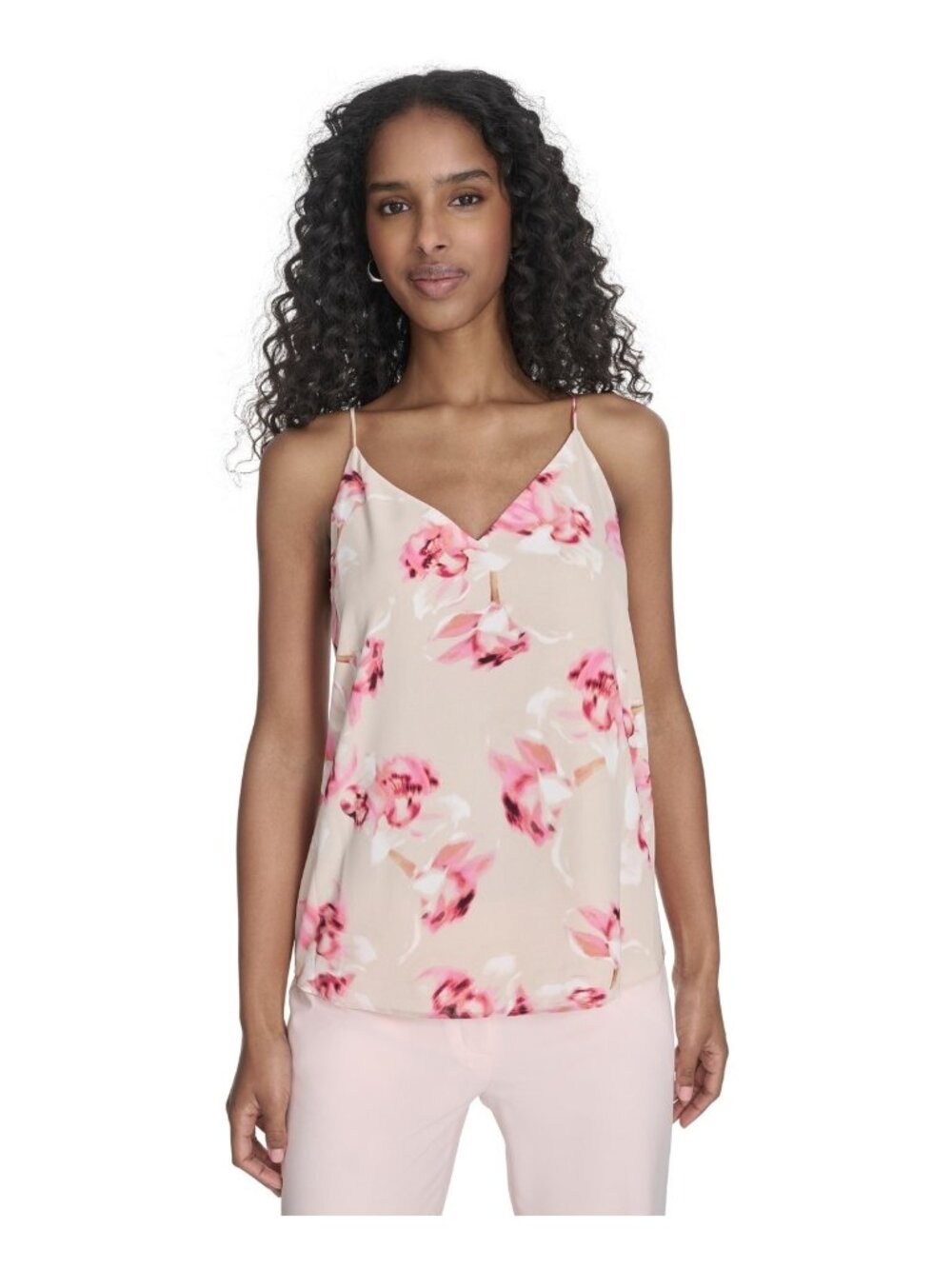 Calvin Klein Women's Polyester Printed V-Neck Sleeveless Top Pink Size XL $59